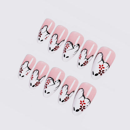 Artistic Press-On Nail Set with Floral and Ghost Design Acalora