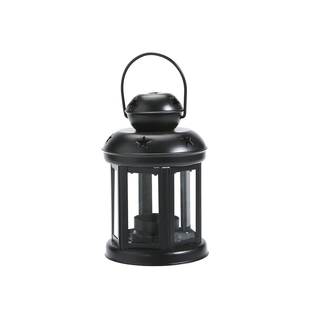 Hexagonal Glass-Paneled Metal Tealight Lantern with Star Vent Cutouts Acalora