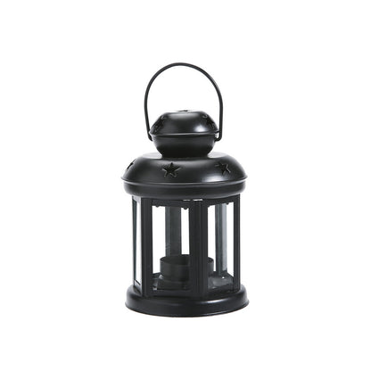 Hexagonal Glass-Paneled Metal Tealight Lantern with Star Vent Cutouts Acalora