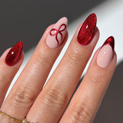 Glossy Press-On Nail Set with Elegant Ribbon Designs Acalora