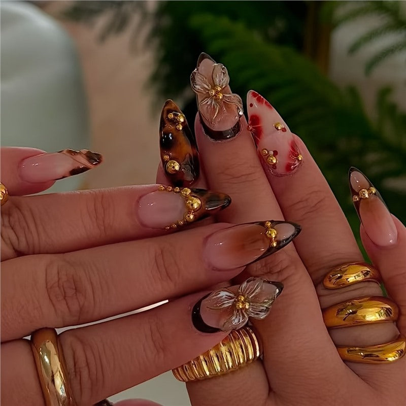 Decorative Stiletto Press-On Nail Art with Floral Accents Acalora