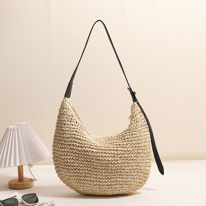 Women's Handmade Shoulder Bag made of braided natural material with a narrow leather strap Karnz