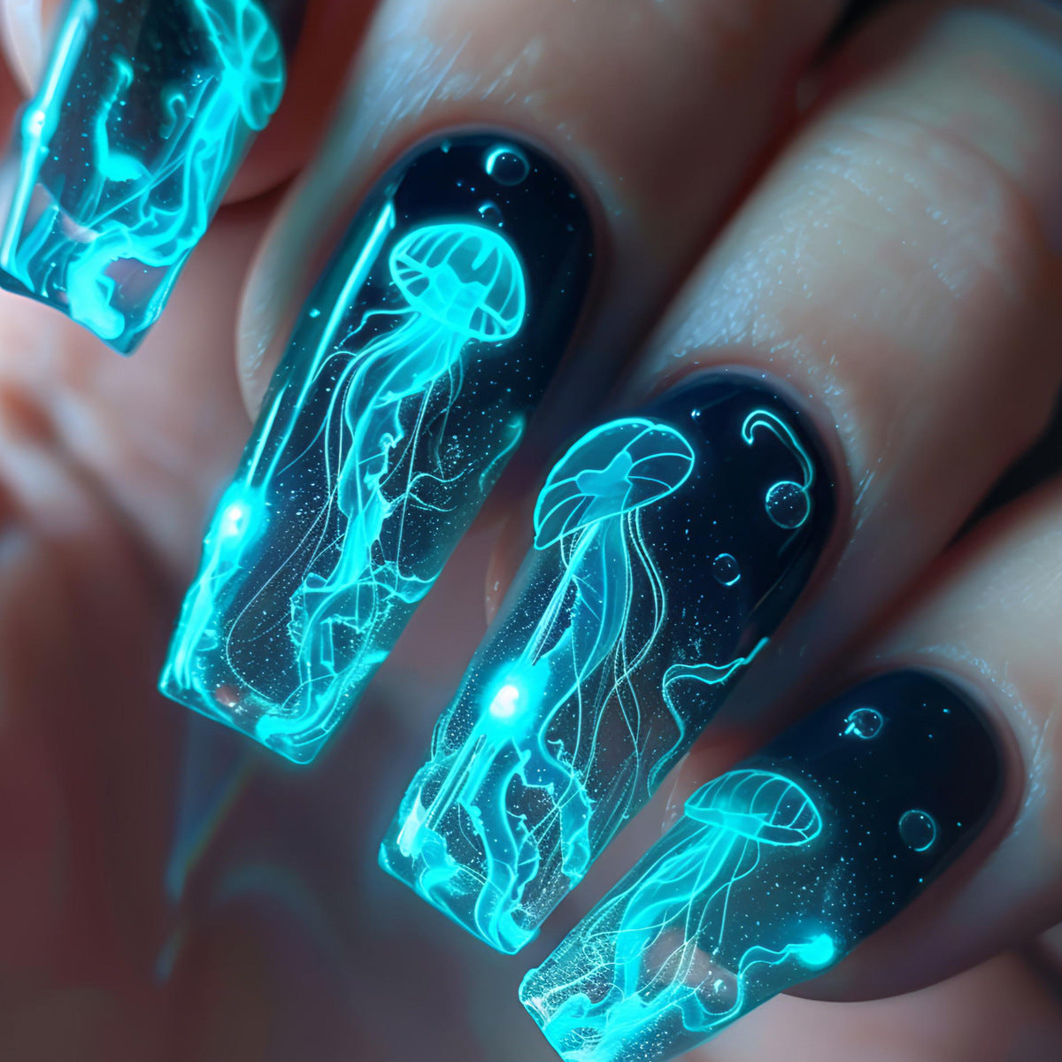 Artistic Glow-in-the-Dark Jellyfish Nail Art Acalora