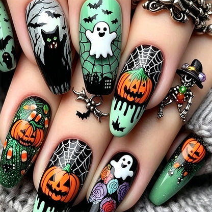 Artificial nail set with spooky Halloween designs Acalora