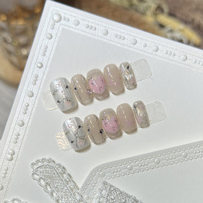 Decorative Press-On Nail Set with Heart and Silver Accents Acalora