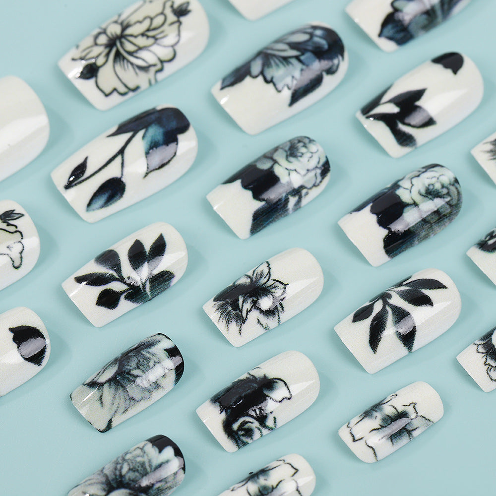 Artificial nails with floral black-and-white design Acalora