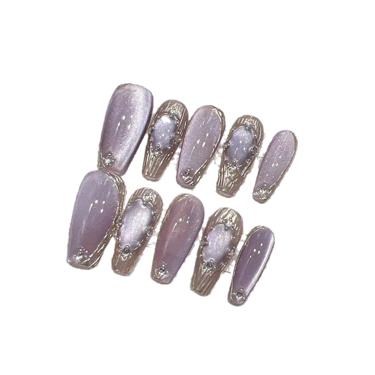 Elegant Press-On Nail Set with Artistic Metallic Design Acalora