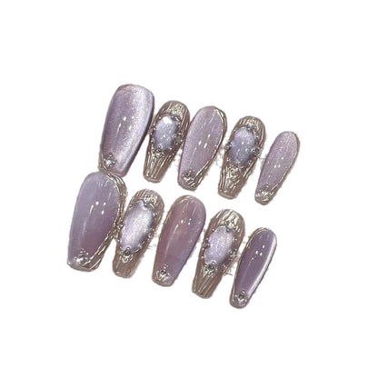 Elegant Press-On Nail Set with Artistic Metallic Design Acalora