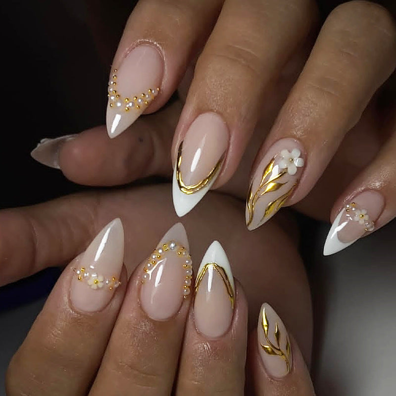 Elegant Decorative Press-On Nail Set with Floral Accents Acalora