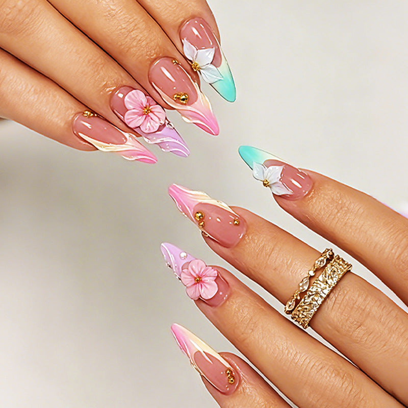 Elegant Artistic Press-On Nail Set with Floral Designs Acalora
