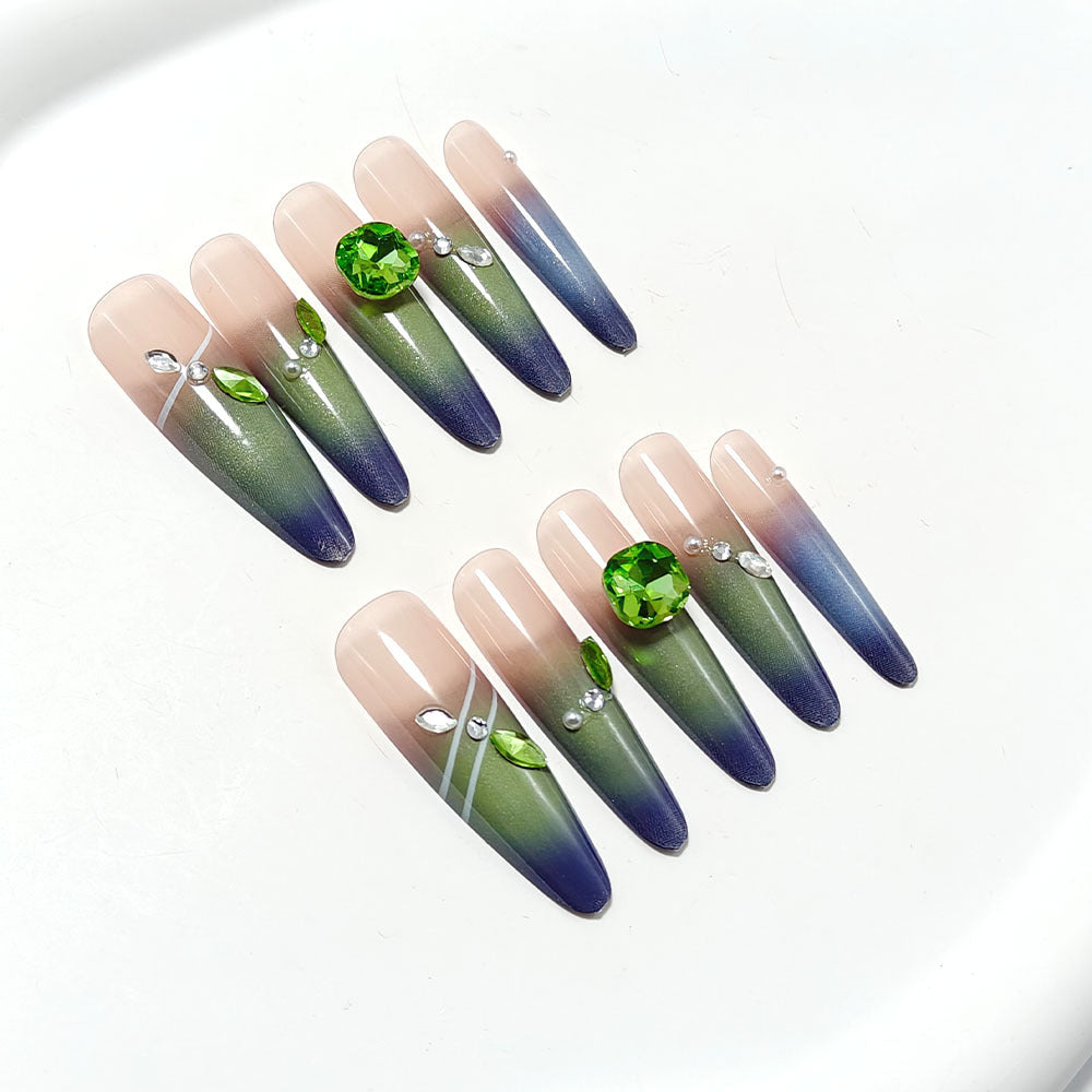 Artificial nails with elegant ombre design and rhinestone applications Acalora