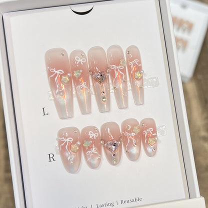 Elegant Press-On Nail Art Set with Chic Ribbon and Gem Accents Acalora