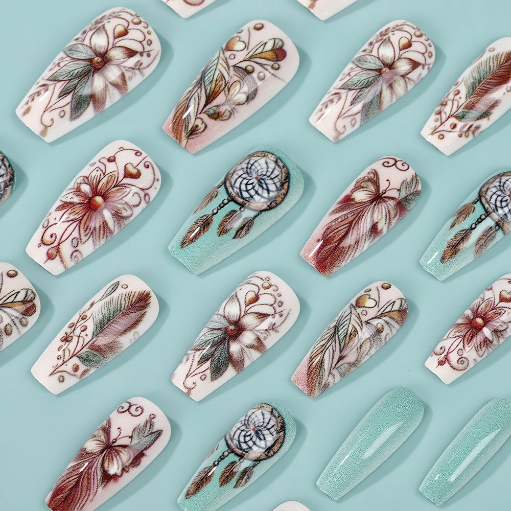 Artificial nails with floral patterns and dreamcatcher motif Acalora