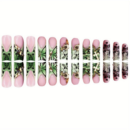 Decorative Floral Press-On Nails with Gem Accents Acalora