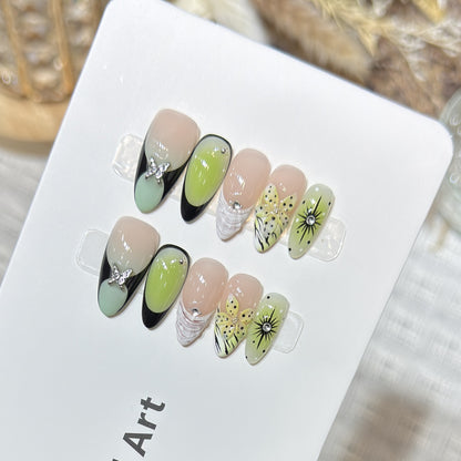 Artistic Press-On Nail Set with Butterfly and Floral Designs Acalora