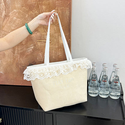 Elegant Lace-Trimmed Canvas Tote Bag Acalora