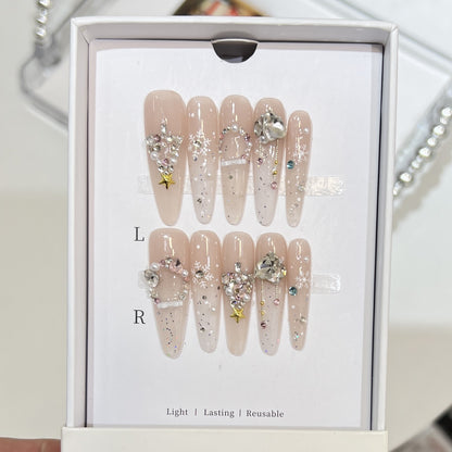 Artistic Press-On Nail Set with Snowflake and Gemstone Designs Acalora