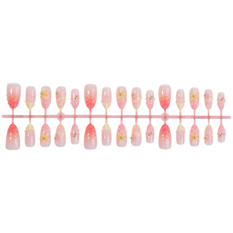 Artistic Floral Design Press-On Nails Set with Unique Embellishments Acalora