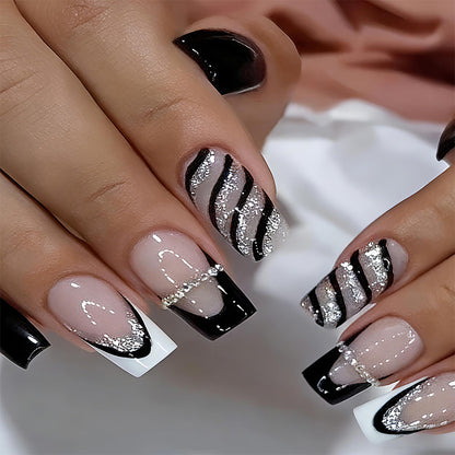 Artificial nail set with glamorous glitter and stripe designs Acalora