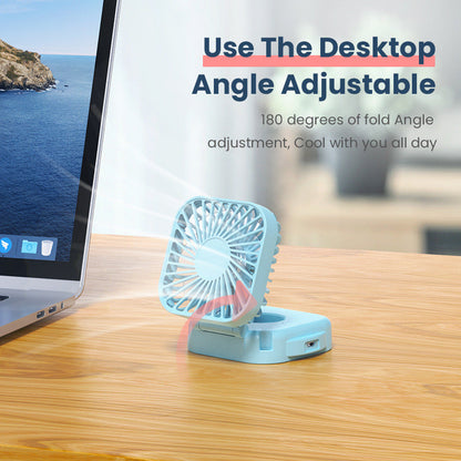 Unisex nan compact foldable clip on handheld desk fan with built in mirror adjustable tilt and USB rechargeable battery Bowlift