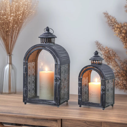 Antique-Style Arched Metal and Textured Glass Candle Lantern for Pillar Candles Acalora