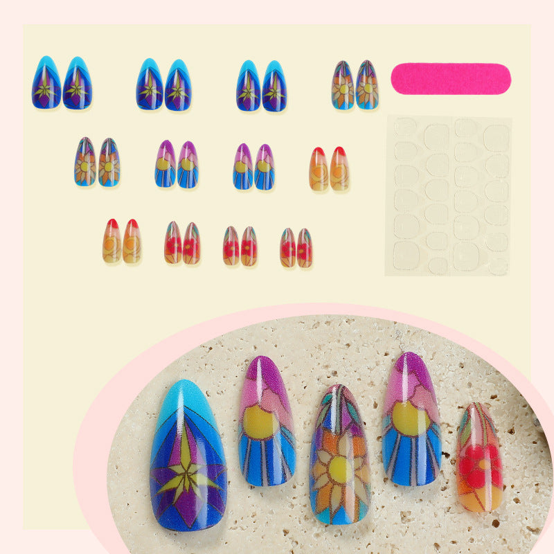 Artistic Press-On Nail Art Set with Floral and Geometric Patterns Acalora