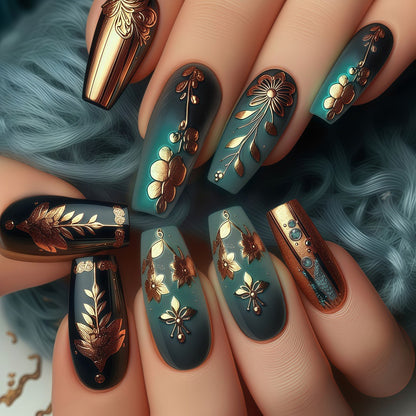 Artificial nails with floral gold embellishments Acalora