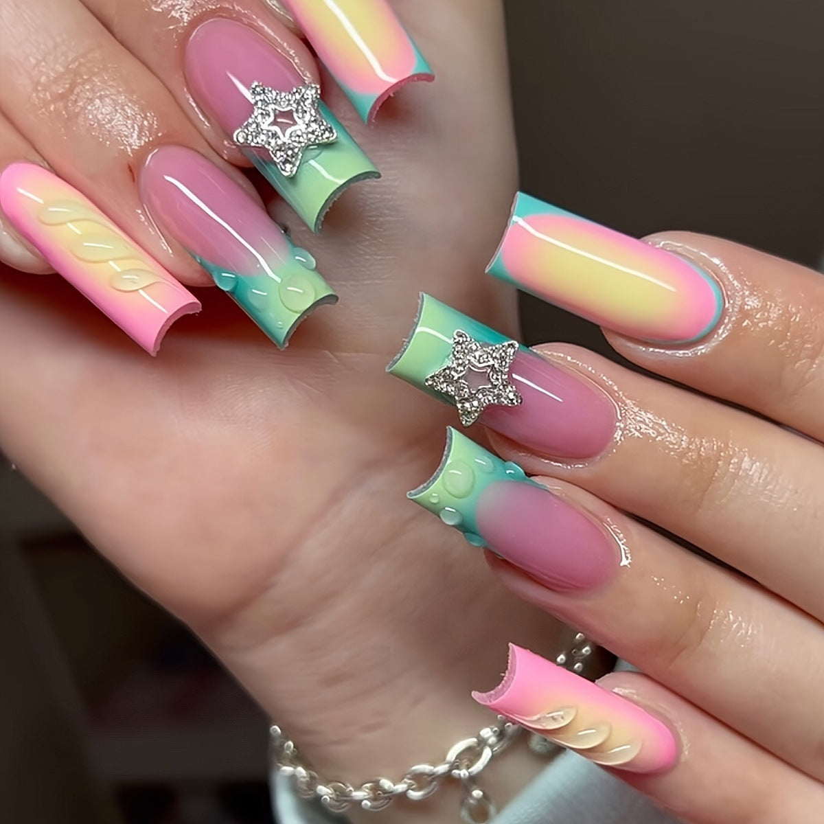 Artistic Ombre Press-On Nails with Gemstone Accents Acalora