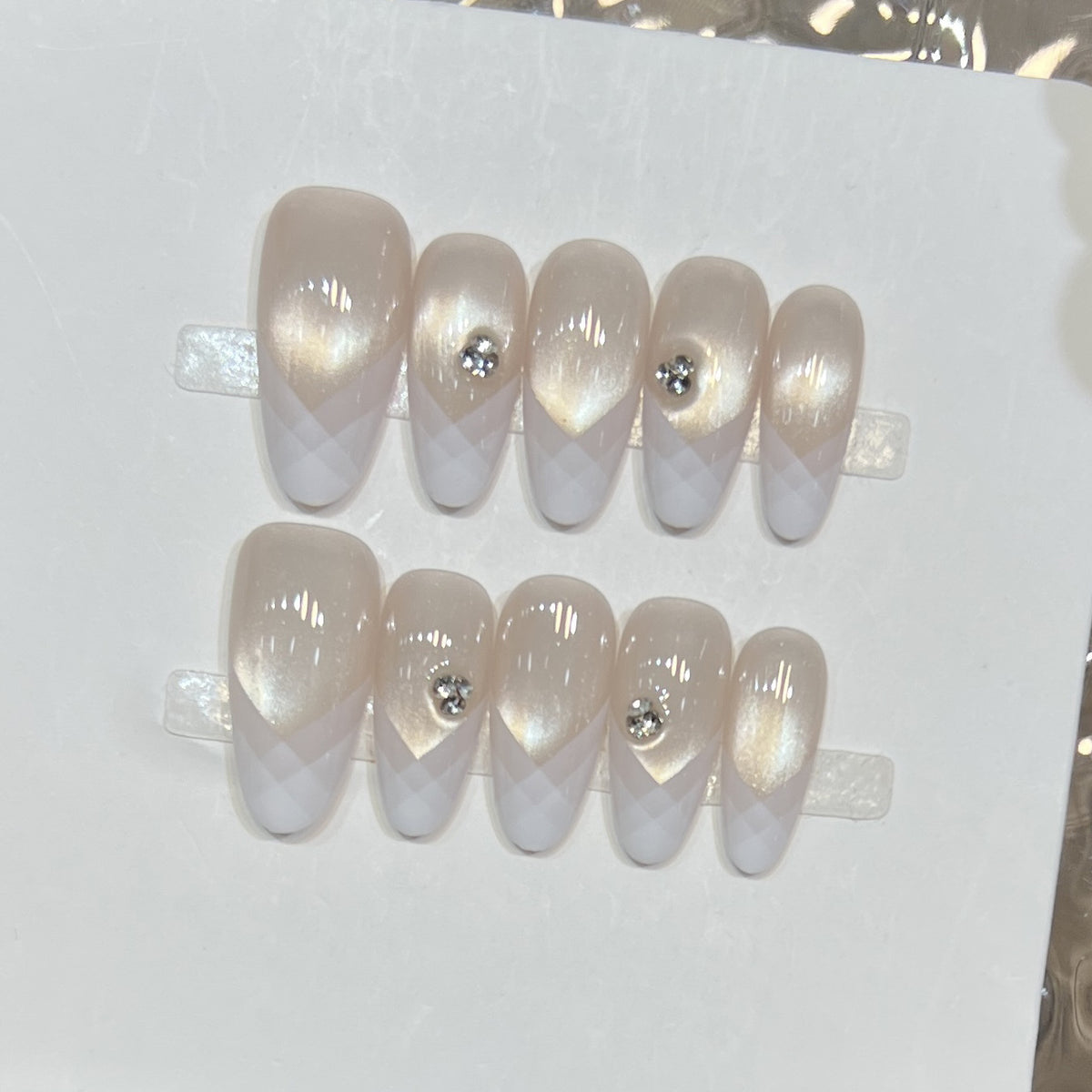 Elegant Geometric Press-On Nail Set with Rhinestone Detail Acalora