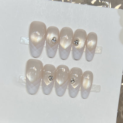 Elegant Geometric Press-On Nail Set with Rhinestone Detail Acalora