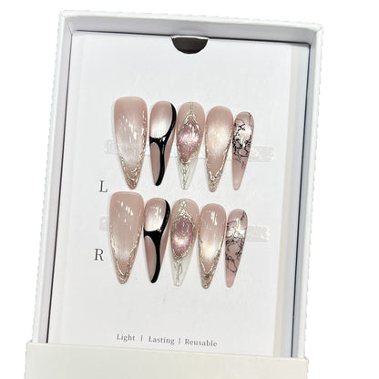 Artistic Stiletto Press-On Nail Set with Unique Marble Design Acalora