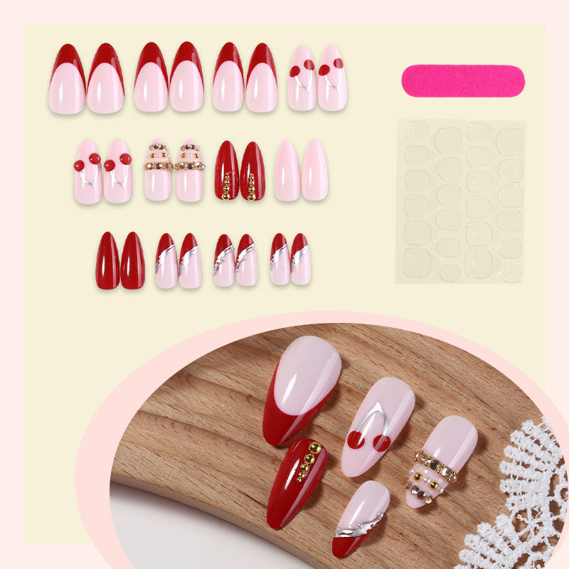 Decorative Art Press-On Nail Set with Cherry and Gold Accents Acalora