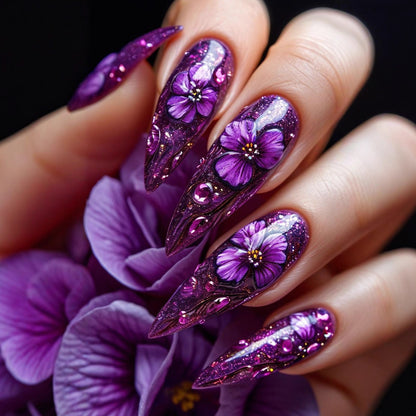 Artificial nails with luxurious floral design and glitter effects Acalora