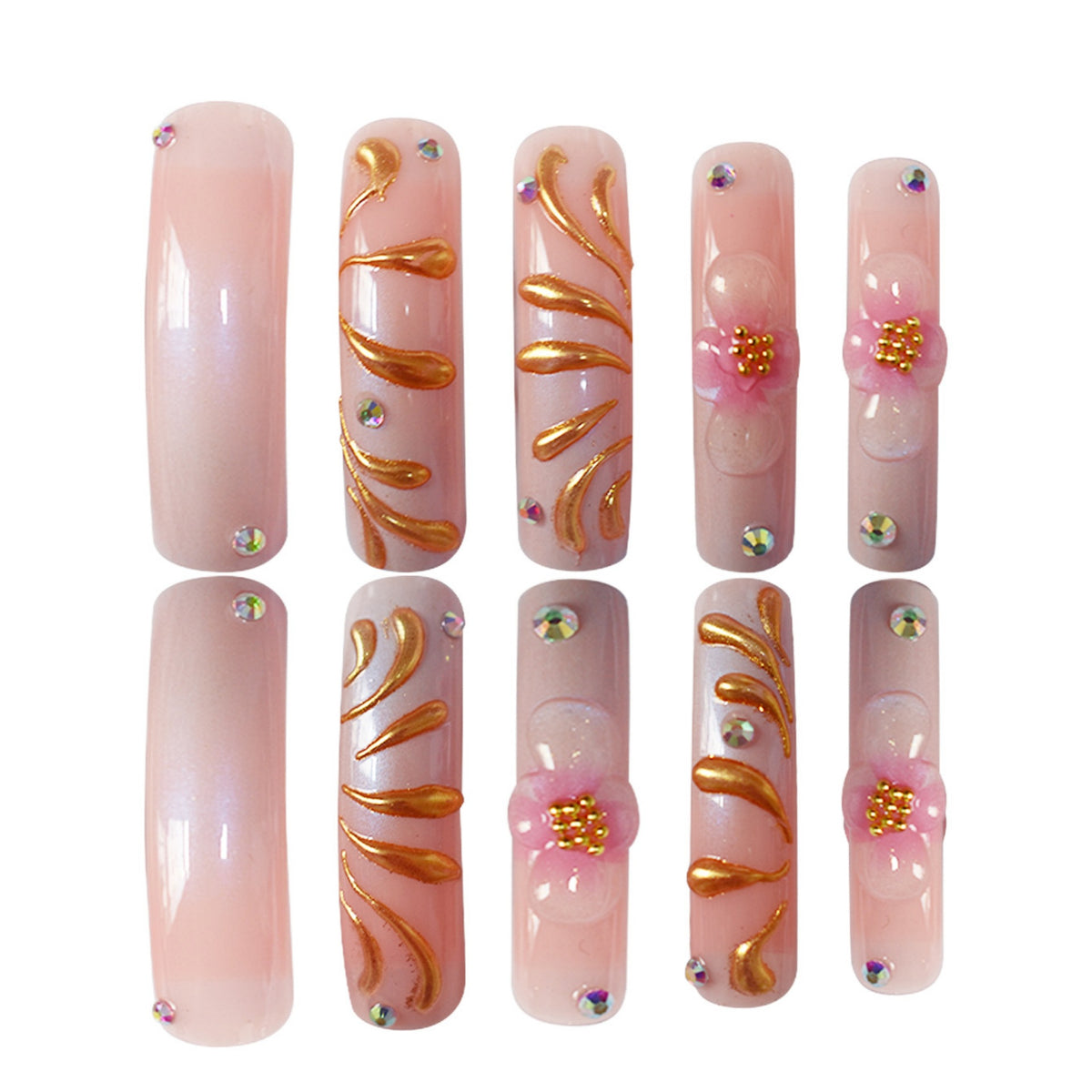 Glamorous 3D Floral Press-On Nails with Gold Accents Acalora