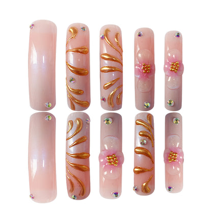 Glamorous 3D Floral Press-On Nails with Gold Accents Acalora
