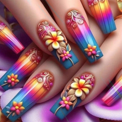 Artificial nails with floral 3D applications and gradient Acalora
