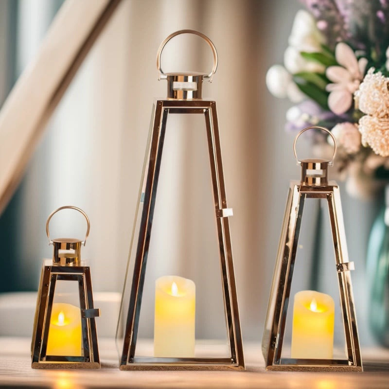 Modern Triangular Glass Candle Lantern Set with Gold Metal Frame Acalora