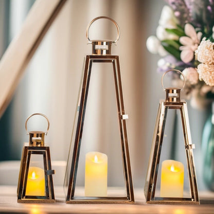 Modern Triangular Glass Candle Lantern Set with Gold Metal Frame Acalora