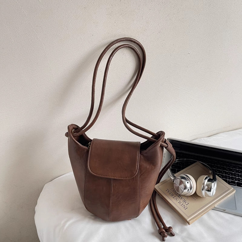 Vintage-Inspired Leather Drawstring Bucket Bag Acalora