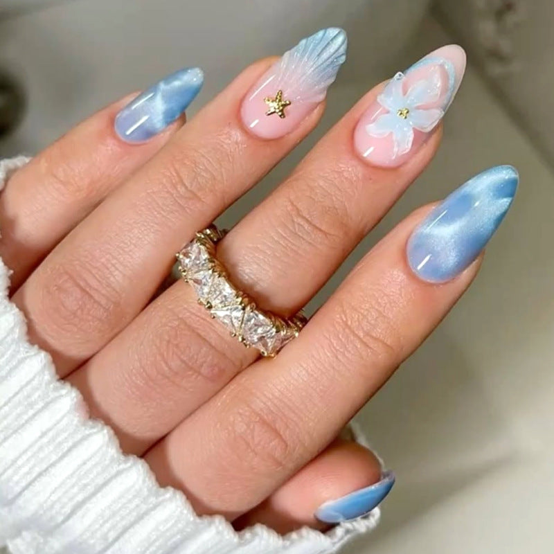 Artistic Press-On Nail Set with Iridescent Shell Accents Acalora