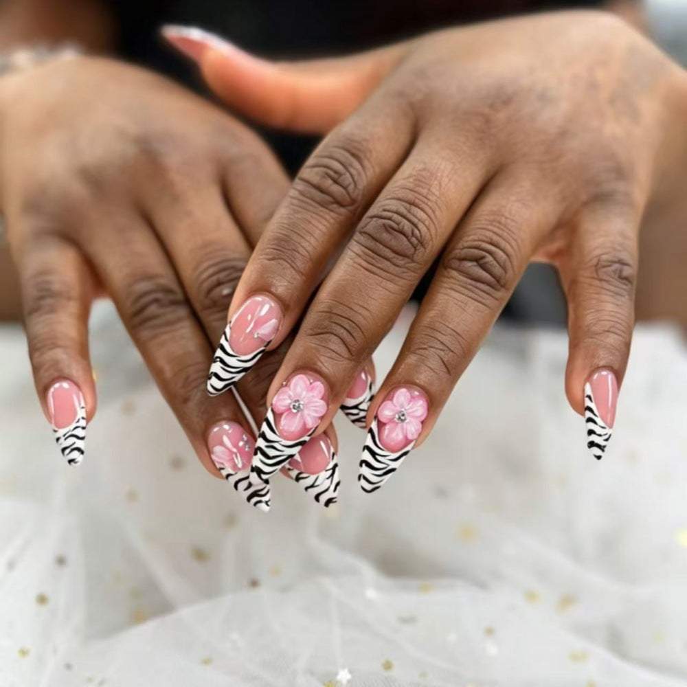 Artificial nails with flower and zebra stripe pattern Acalora