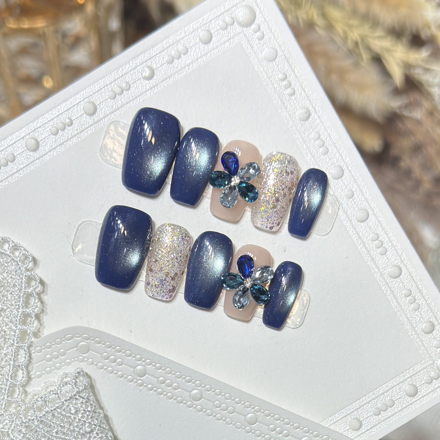 Elegant Floral Press-On Nail Set with Gemstone Accents Acalora