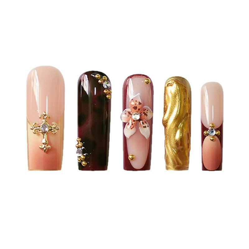 3D Floral and Gemstone Press-On Nail Set Acalora