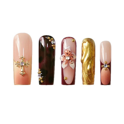 3D Floral and Gemstone Press-On Nail Set Acalora