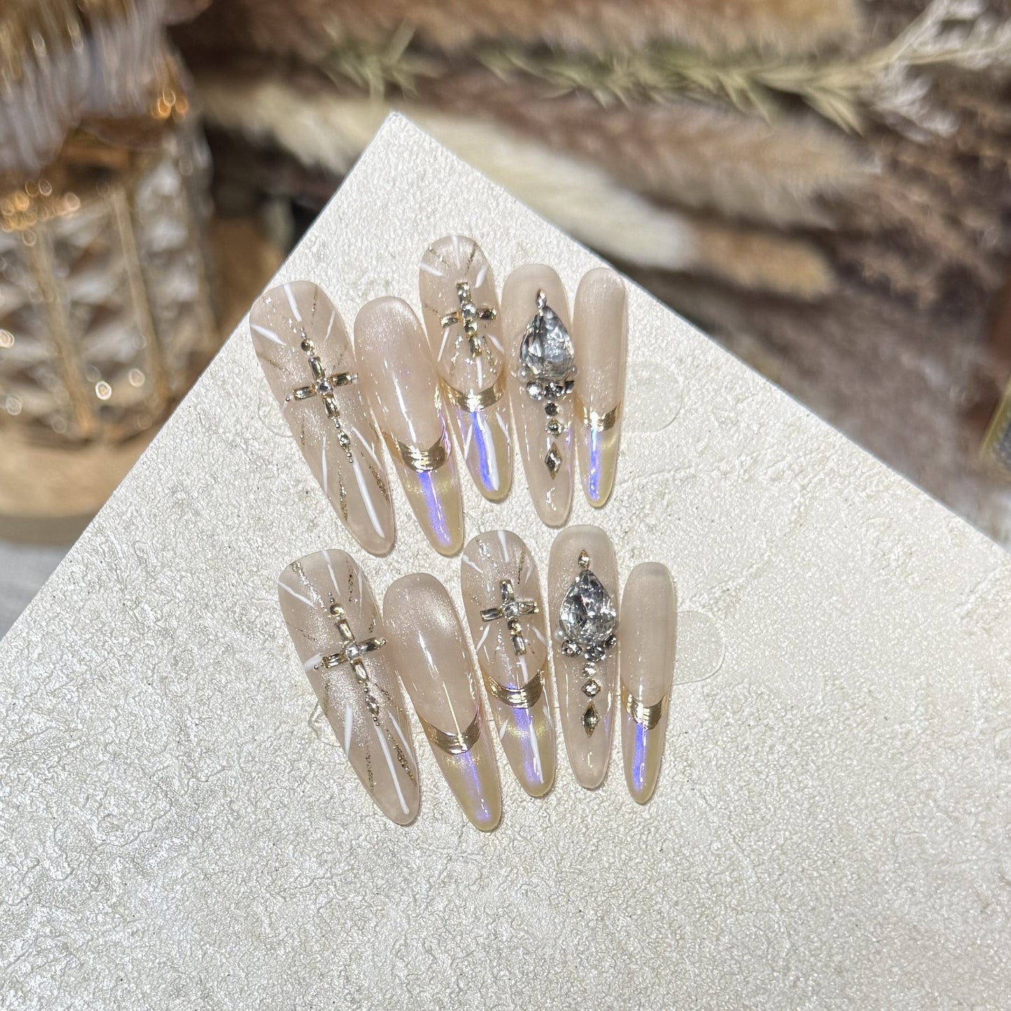 Premium Stiletto Press-On Nail Art Set with Gemstone Accents Acalora