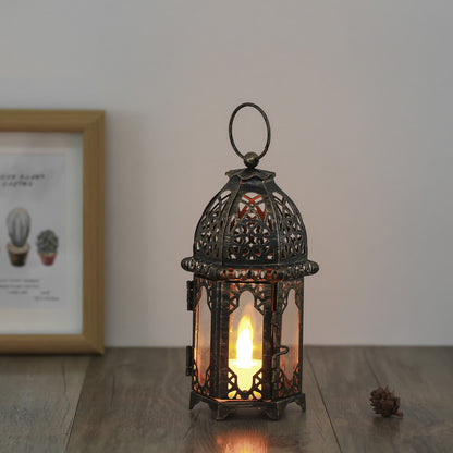 Decorative Moroccan Filigree Metal Lantern with Glass Panels and Hanging Ring Acalora