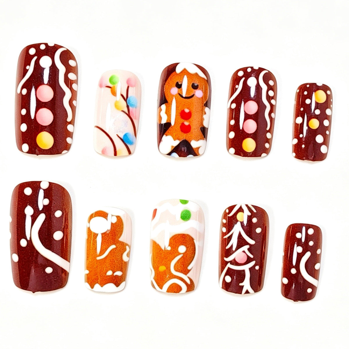Festive Gingerbread-Themed Press-On Nail Art Acalora