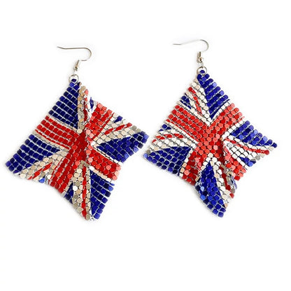 Women's long flexible rhinestone mesh earrings in American flag design with fishhook Kalsten