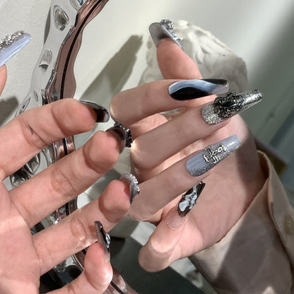 Glamorous Press-On Nail Art Set with Decorative Metallic Elements Acalora