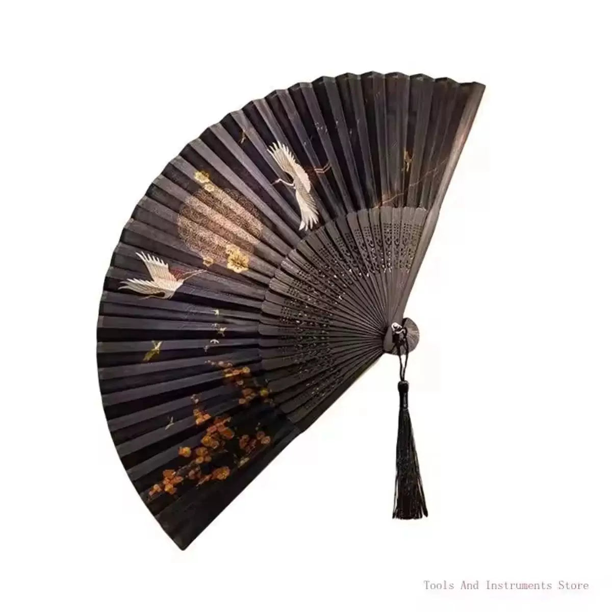 Ladies' one size hand-painted crane and plum blossom fan with carved wooden ribs and silk tassel Brehn